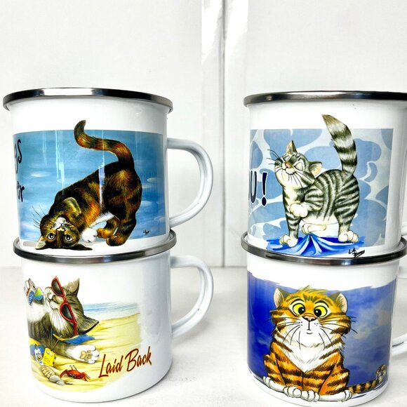 Set of 4 Cute Kittens Enamel Coffee Tea 12oz Mugs Cat Design Camping - Picture 1 of 15